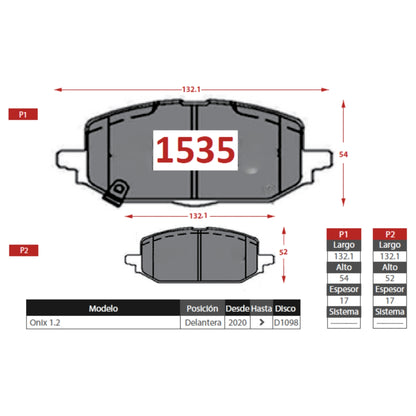 Pastillas de Freno Delanteras Chevrolet Onix 1.0/1.2 2020-2025 Senfineco (ITAL 1535)