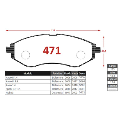Pastillas de Freno Delanteras Chevrolet Aveo 2 1.4 2006-2008 Senfineco (ITAL 471)