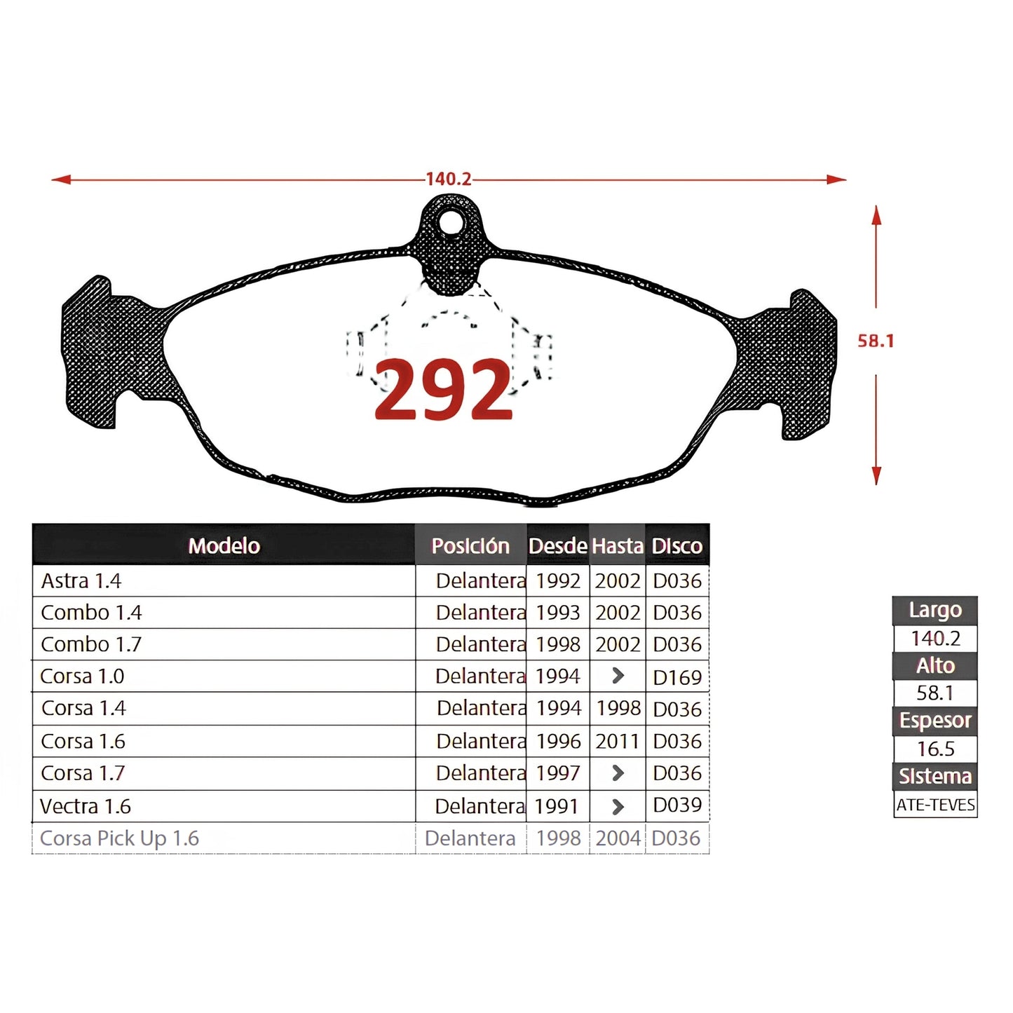 Pastillas de Freno Delanteras Chevrolet Corsa 1.4/1.6 1996-2011 Senfineco (ITAL 292)