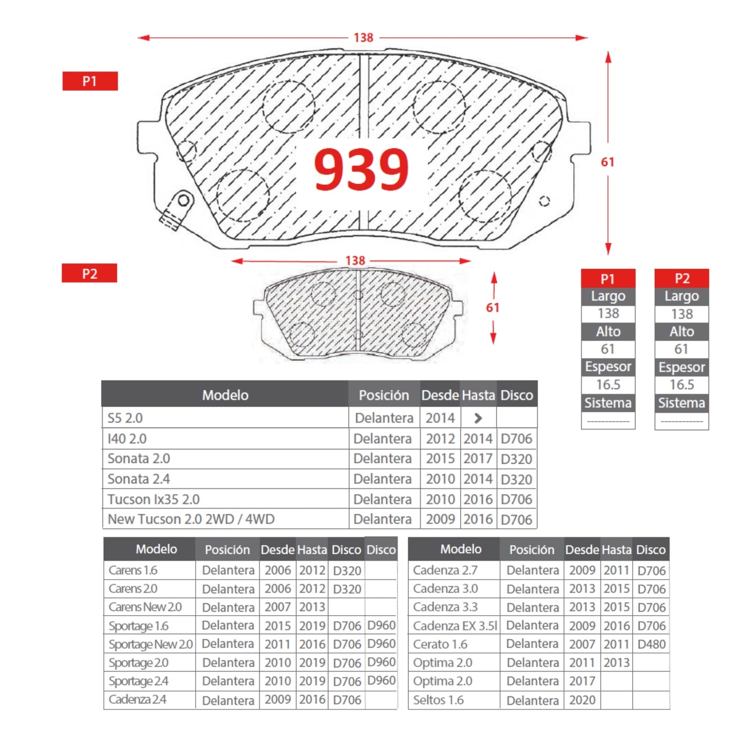 Pastillas de Freno Delanteras Kia Optima 2.0 2011-2020 Senfineco (ITAL 939)