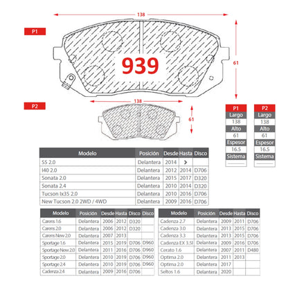 Pastillas de Freno Delanteras Kia Optima 2.0 2011-2020 Senfineco (ITAL 939)