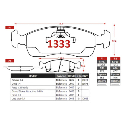 Pastillas de Freno Delanteras Fiat Uno Way 1.4 2010-2019 Senfineco (ITAL 1333)